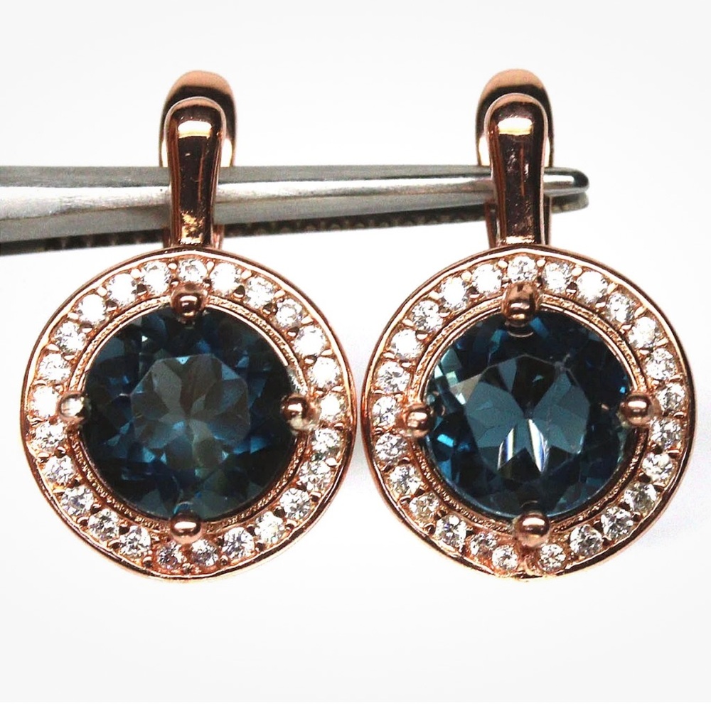 Genuine London Blue Topaz and zircon rose gold 925 Earrings